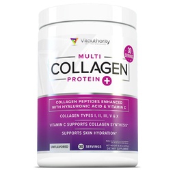 Multi Collagen Peptides Powder för kvinnor - Hydrolyzed Unflavored Collagen Powder för kvinnor med typ I II III V & X plus Vitamin C & Hyaluronsyra för vackra hår hud och naglar - 30 portioner