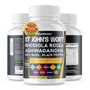 St John's Wort Rhodiola Rosea Ashwagandha Holy Basil Valerian Chamomile Black Pepper -150 kapslar - Made in USA