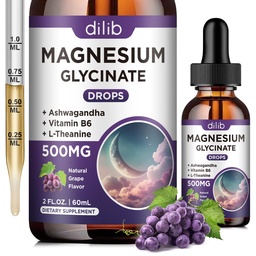 Magnesium Glycinate Liquid Drops 500mg, med vitamin B6, Ashwagandha, L - Theanine, Chamomile, Magnesium Glycinate Supplement High Absorption för sömn, stress, energi, humör - Grape Flavor, 2 FL.OZ