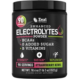 Zeal Naturals Electrolyte Powder Recovery Drink (90 portioner | Strawberry Kiwi) w 0 Sugar +BCAAs +B-Vitamins Electrolyte Supplement w Potassium Zinc & Magnesium för Hydration - Keto Electrolytes