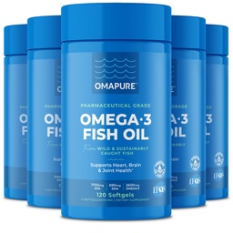 Fiskoljetillskott med Omega 3 fettsyror (5 flaska, 120 Softgels) - Hög EPA, DHA och IFOS Fiskoljepiller Stöd Hjärta & Gemensam Hälsa - Burpless Fish Oil främjar hjärnfunktion
