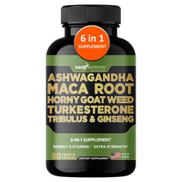 Gade Nutrition Ashwagandha med Maca Root, Horny Goat Weed, Turkesterone Supplement, Tribulus Terrestris, Panax Ginseng | 90 Vegetable Capsules for Energy, Stamina, Performance.