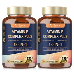 13-i-1 Vitamin B Complex Plus med vitamin B1, B2, B3 (Niacin), B4, B5, B6, B7 (Biotin), B8 (Inositol), B9 (Folat), B12, C, D3, K2 för energi, Nerve, Immune, Skin - 120 Caps per flaska - 2 flaskor