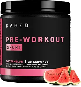 Kaged Sport Pre Workout Powder för män och kvinnor, Watermelon, Sport Certified, 188mg Koffein, Nitric Oxide Supplement, Beta Alanine för energi, Viktlyftning, Cardio Endurance & Strength, 20 portioner