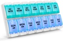 Sukuos AM PM Weekly 7 Day Pill Organizer, 2 Times A Day Pill Box med artrit Friendly Push Button, Medicine Cases för vitamin / fiskolja / tillägg, lätt att rengöra (Cyan & Blue)