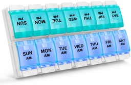 Sukuos AM PM Weekly 7 Day Pill Organizer, 2 Times A Day Pill Box med artrit Friendly Push Button, Medicine Cases för vitamin / fiskolja / tillägg, lätt att rengöra (Cyan & Blue)