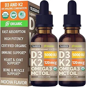 (2 Pack) Organisk vitamin D3 K2 droppar med MCT Oil Omega 3, 5000 IE, Maximum Strength Vitamin D Liquid, No Fillers, Non-GMO Liquid D3 för snabbare Absorption och Immune Support (Mocha, 2 Fl Oz)