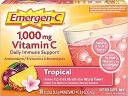 Emergen-C 1000mg Vitamin C-pulver, med antioxidanter, B-vitaminer och elektrolyter, vitamin C-tillskott för immunstöd, koffeinfri fizzydrycksmix, tropisk smak - 30 greve / 1 månadstillförsel