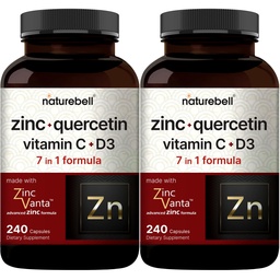 NatureBell Zinc Quercetin med vitamin C & D3, 480 kapslar (2 Pack) | Quercetin 1,000mg + Zink 50mg + Vitamin C 250mg + Vitamin D3 5,000 IE | 4-i-1 Avancerad immun & Lung Support | ZincVanta Formel