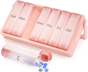 Weekly Pill Organizer 2 gånger om dagen, KOVIUU Large Travel Pill Box 7 Day, Am Pm Twice Daily Pill Case med Rotatable Handle, Pill Holder Container för vitamin, medicin, tillägg, fiskolja, rosa