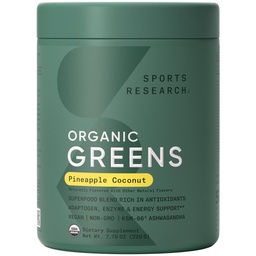 Sports Research® Organic Pineapple Coconut Greens - Digestive Health, Natural Energy & Mood Support * - Certifierad organisk pulver - 20 portioner