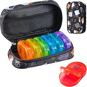 Serfeymi Weekly Travel Pill Organizer 2 gånger per dag AM PM Uppgraderad Rainbow Pill Box 7 Dag med Portable Zipper Canvas Pill Case, Medicine Organizer för piller, vitaminer, fiskoljor - Svart 02