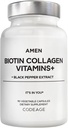 Amen Biotin Collagen Vitamins+ 10,000 mcg Biotin Supplement - Hydrolyzed Collagen, Vitamins C & E, Folate, Hyaluronic Acid, Keratin, MSM, Saw Palmetto - 3-Month Supply - Non-GMO - 90 Capsules