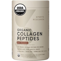 Sportforskning Organic Collagen Powder - Hydrolyserad typ I & III Collagen Protein - USDA Organic, Gluten Free, Sustainably Sourced - Dark Chocolate - 30 portioner