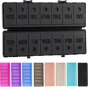 Foldable Pill Organizer 2 Times a Day w / Etched Labels -Dual Protection & Portable Weekly AM PM Pill Box, 7 Day Medicine Container, Large Travel Pill Case for Week Daily Supplement Vitamin - All Black