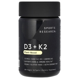 Sports Research Vitamin D3 med K2 Softgels - Plant Based K2 & Vegan D3 5000iu med Coconut MCT Oil - Vegan Certified, Soy & Gluten Free - 120 Count