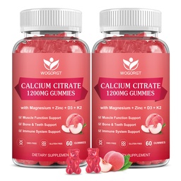 Calcium Citrate 1200mg Gummies med vitamin D3, K2 - Chewable Calcium Magnesium Zink d3 Tillägg med Sea Moss Extract för ben, tänder, immunstöd för kvinnor och män, Peach Flavor-60 Gummies (2Pack)
