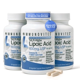 IMMUNOVITES 3-Pack Stabilized R-Alpha Lipoic Acid ((True))) 600 mg per servering [[Hög styrka och upp till 40x Ökad Absorption]]] (Na R-ALA) (Na R-Lipoate) (3 flaskor)