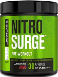 Jacked Factory NITROSURGE Pre Workout Supplement - Endless Energy, Instant Strength Gains, Clear Focus & Intense Pumps - NO Booster & Powerful Preworkout Energy Powder - 30 portioner, Fruit Punch