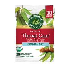 Traditionella Medicinals Throat Coat Organic Cough Drops, Eucalyptus Mint med Menthol, Soothes Sore Throats & Relieves Coughs, 30ct.