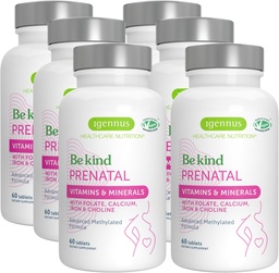 Igennus Methylated Prenatal Multivitamin för kvinnor, folat för MTHFR, High Absorption, Pure & Clean, Gentle Iron, Choline, Calcium & Magnesium, Vegan Graviditet Vitaminer, Halal, Non-GMO, 60 tabletter x 6