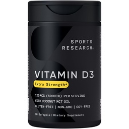 Sports Research Vitamin D3 5000 IE med Coconut MCT Oil - High Potency Vitamin D Supplement för Immune & Bone Support - Non-GMO Verified, Gluten & Soy Free - 125mcg, 30 Liquid Softgels