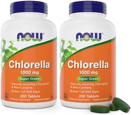 Nu Chlorella 1000mg tabletter - 200 greve (Pack of 2) - Natural Occurring Chlorophyll, Beta-Carotene - Non-GMO, Vegan - Grönt Super Food Supplement för kvinnor och män