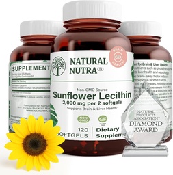 Natural Nutra Sunflower Lecithin 2000 mg Tillägg, stöder amning mamma med ansluten mjölk Duct Relief, Lever & Brain Health Booster, Soy Free, Non-GMO, Gluten-Free, 120 Softgels (3 Pack)