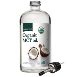Natural Force Organic MCT Oil - Pure Glass Bottle - Tillverkad av 100% Cold Pressed Virgin Coconut Oil + Certified Keto, Paleo, Kosher, Vegan & Non-GMO - Lab Testad för kvalitet och renhet - 32 Ounce