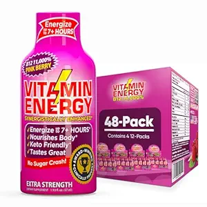 Vitamin Energy B12 11,000% Extra Strength Energy Shot Pink Berry 48 Pack, 260mg Natural Caffeine, B12 & B6, Nootropic Focus, Vitality, Zero Sugar, Gluten-Free, Vegan, Kosher, 1,93 fl oz