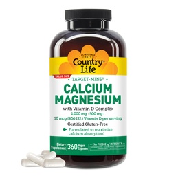 Country Life Target-Mins Calcium Magnesium med vitamin D-Complex, 1000mg/500mg/10mcg, 360 Vegan Capsules, Certified Gluten Free, Certified Vegan, Verified Non-GMO Verified...