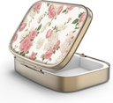 Pill Case Pill Box med Mirror Retro 2 Compartment Small Pill Case för väska eller ficka brons rektangulär pillåda eller vitaminer, fiskolja, tillskott, piller Containe Travel Gifts (Retro Pink Floral)