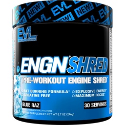 EVL Ultimate Pre Workout Powder - Thermogenic Fat Burn Support Preworkout Powder Drink för bestående energifokus och uthållighet - ENGN Shred Intense Creatine Free Preworkout Drink Mix - Blue Raz