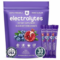 Keppi Electrolytes Powder Packets - Blueberry Pomegranate 30 Servings - No Sugar Hydration Supplement med kalium, Magnesium, Natrium - Keto, Vegan, Fasting-Friendly, Zero Calorie Hydration Packets