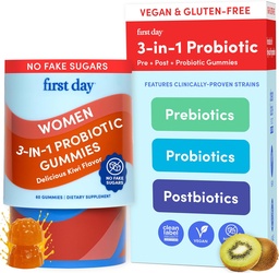 Första dagen Kvinnor 3-i-1 Probiotiska Gummies - Prebiotic + Probiotic + Postbiotisk tillskott - Stöder Digestive & Oral Health, Immune Function & Energy Levels - 30-dagars leverans