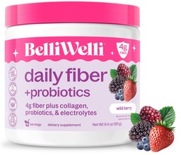 Belli Welli Fiber Supplement för kvinnor och män - Premium Daily Fiber Powder från organisk Acacia med tillsatt Collagen, Electrolytes & Probiotics - No Bloat, Constipation & Gut Health Support (Wild Berry)