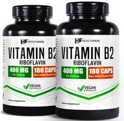 Healthfare Vitamin B2 Riboflavin 400 mg | Förpackning med 2 | 180 Veg Capsules | Tillägg | Glutenfri | Non-GMO