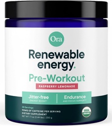 Ora Organic Natural Pre Workout Powder - Raspberry Lemonade smak - Ger Jitter Free Energy, Focus, Hydration, & Endurance - Vegan, Certified Organic, Soy, Dairy och Gluten Free, 20 portioner