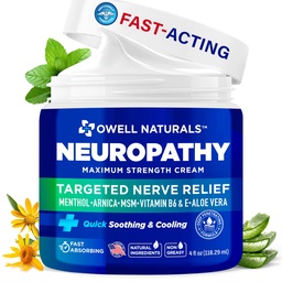 OWELL NATURALS Neuropathy Cream Extra Strength Nerve Relief Cream för fot, händer, ben, tår med Arnica, vitamin B6, Aloe Vera, MSM - Made in USA