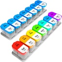 Extra stor vecka piller arrangör Set - 2 XL Vitamin Holders med 7 Avtagbara AM PM-komponenter - Tillförlitlig medicin Dispenser för hem och resor, Portable Supplement Container, Rainbow & Blue / White