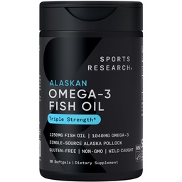 Sportforskning Triple Strength Omega 3 Fish Oil 1250mg från Wild Alaskan Pollock - Burpless Fish Oil Supplement med Omega-3 EPA & DHA - Hållbart källad, icke-GMO, Gluten Free - 30 Softgels