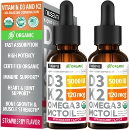 (2 Pack) Organisk vitamin D3 K2 Drops 5000 IE med MCT Oil Omega 3 - Maximal styrka flytande D3 med inga filter, icke-GMO för snabbare absorption, Immune Support (Strawberry, 2 Fl Oz)