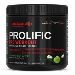 PEScience Prolific Energy Pre Workout - L Citrulline för kväveoxid, Rhodiola & CDP Choline Nootropic för fokus - Preworkout för män och kvinnor - 40 skopor, Sour Green Apple