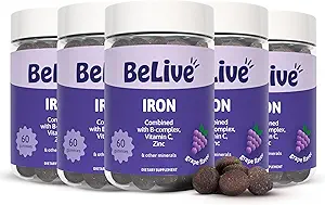 BeLive Iron Gummies - Multivitamin Iron Supplement med vitamin C, A, B & Zink, stöder blodsyre, Vegan Supplements för kvinnor, män och barn för tillväxt och utveckling - Grape smak | 5-pack
