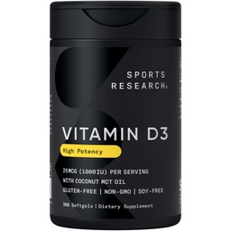 Sports Research Vitamin D3 1000iu (25mcg) Infunderas med kokosolja ~ Immune & Bone Support ~ Non-GMO Verified, Soy & Gluten Free (360 Mini Liquid Softgels)