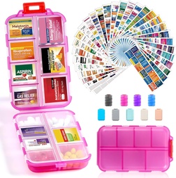 14 Grids Travel Pill Organizer Box med 415-Pcs Medicine Name Labels - Pocket Daily Pharmacy Case Container Kit - Travel Medication Holder Dispenser för Fish Oil Vitamin Supplement Storage -Clear Pink