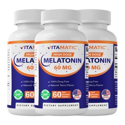 Vitamatic Melatonin 60 mg Snabbupplösta tabletter - 60 Vegan Natural Berry Flavor Tablets - Icke-Habit Forming - Icke-GMO, Gluten Free (3 flaskor)