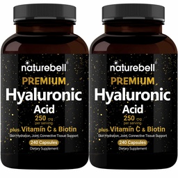 NatureBell 2 Pack Plant Based Hyaluronic Acid Supplements 250mg med 25mg Vitamin C & Biotin 5000mcg, 480 Total Capsules | Essential for Hair Growth, Joint Support och Hydrating Skin | Non-GMO