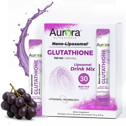 Aurora Nutrascience Nano-Liposomal Glutathione, Grape Powdered Drink Mix Immune & Antioxidant Gut Health Support Supplement, 750 mg per Servering, icke-GMO, Sugar-Free, 30 Single Serve Packets