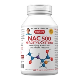 ANDREW LESSMAN NAC-500 N-Acetyl Cysteine 60 kapslar - hjälper till att bekämpa dagliga angrepp på skadliga fria radikaler, skyddar hjärna, hjärta, lungor, lever, njurar. Avgifta antioxidant. Inga tillsatser